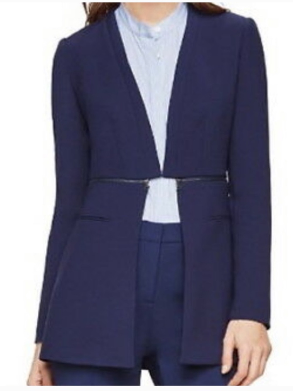 BCBG Derek Navy Blue Zip Around Long Tailored Double Weave Career Blazer Jacket